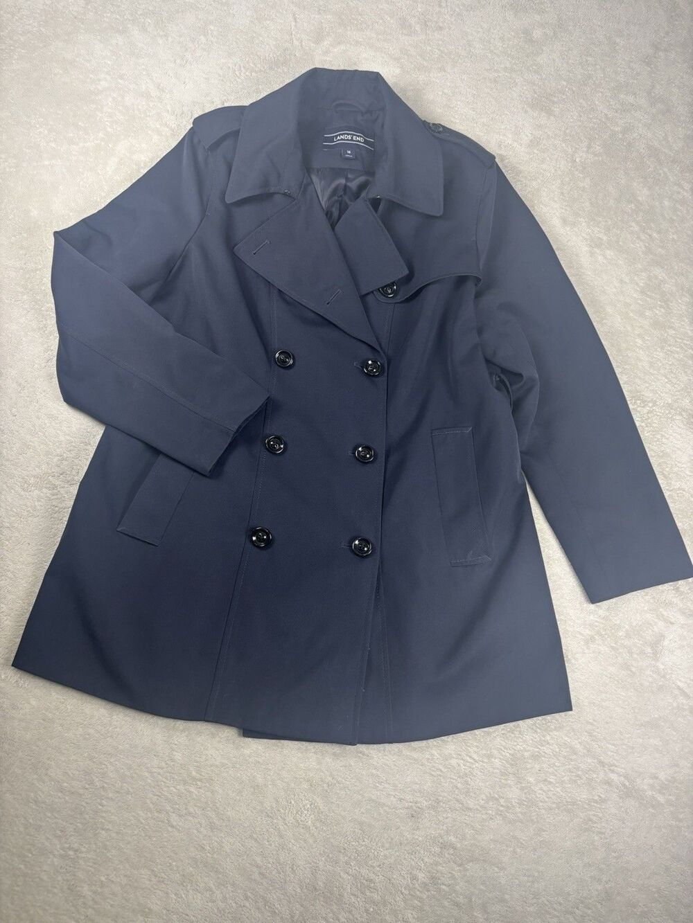 Lands End Women’s Double Breasted Trench Coat Navy Blue 16 Missing Belt Outdoors